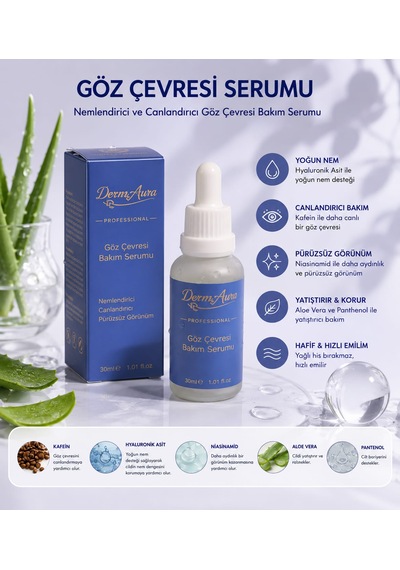 Dermaura Göz Çevresi Serumu 30 Ml Nemlendirici Kafein Ve Hyaluronik Asit Içeren Göz Altı Bakım Serumu