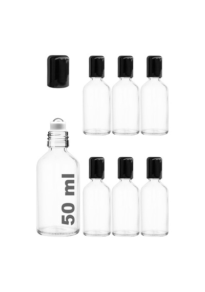 Çelik Roll On Şişesi 50 ML Sızdırmaz Siyah Kapaklı Şeffaf Cam Şişe 6 Adet