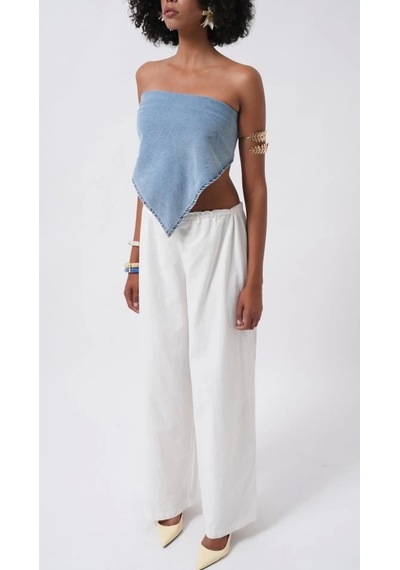 Defymoda Bağlamalı Denim Crop Mavi