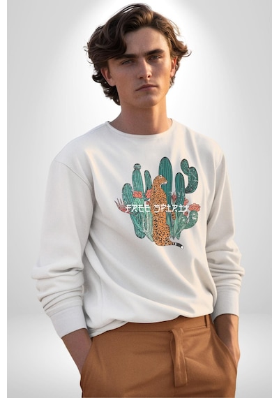 Kaktüs Çita Unisex Beyaz Baskılı Sweatshirt Beyaz