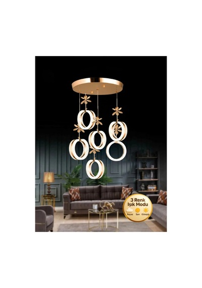 LumiaLighting Aurea Model 6'lı Gold 3 Renk Modu Ledli Kristal Taşlı Modern Salon Mutfak Oturma Odası Led Avize Altın