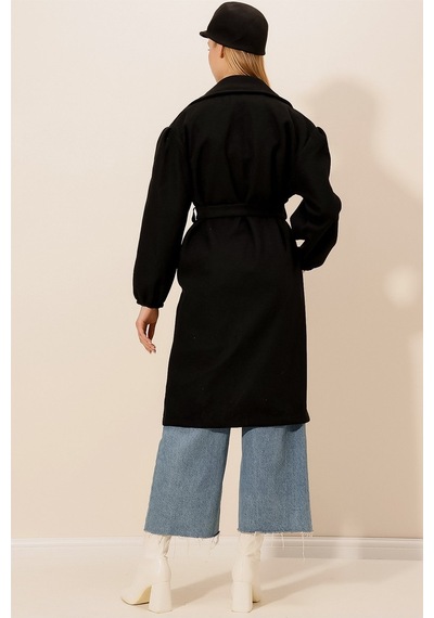 Kaşe Kuşaklı Oversize Kaban Siyah