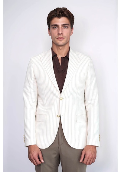 Ekru Çizgili Keten Dokulu Gold Renk Metal Düğmeli Slim Fit Erkek Blazer Ceket Wessi Beige