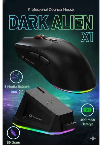 Dark Alien X1 Kablosuz 3 Modlu Oyuncu Mouse- 59 Gram 400 Mah Batarya- Makrolu Diğer