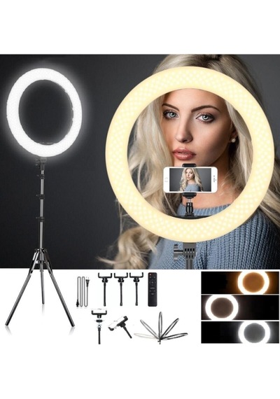 Ring Light 18inç Youtuber Tiktok Led Çantalı Ve Kumandalı 3 Telefon Tutucu Makyaj Işığı+2.1 M Tripod