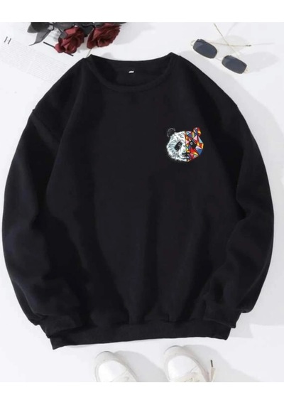Startmore Siyah Oversize Panda Baskılı Pamuklu 0 Yaka Kapşonsuz Unisex Sweatshirt Siyah