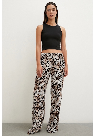Never More Leopar Saten Pantolon Siyah
