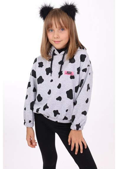 Toontoy Kız Çocuk Komple İnek Baskılı Sweatshirt Gri Melanj
