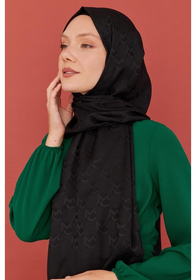 Mirsoy Scarf Mc Desen Parlak Jakar Şal - Siyah Siyah