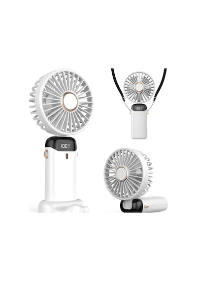 Şarjlı El Vantilatörü - Led Dijital Ekranlı 5 Kademe Rüzgar Hızlı Mini Masaüstü Fan, Boyun Askılı Katlanabilir Şarj Edilebilir Taşınabilir Vantilatör, Telefon Standlı Type-c Şarjlı Soğutucu Fan