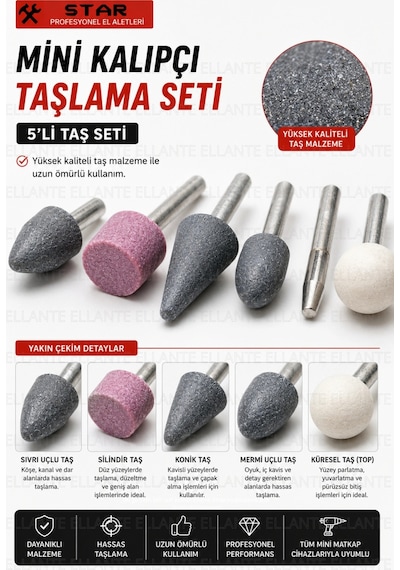 Mini Kalıpçı Taşlama Seti 5'li Taş Seti Metal, Cam, Seramik Ve Taş İçin Hassas Taşlama 6 Mm Sapl