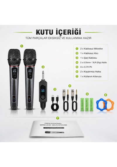 Kablosuz Uhf Mikrofon Seti El Mikrofonu Dijital Wireless Mikrofon Sistemi 50 Metreye Kadar Çekim Mesafesi Şarj Edilebilir Alıcı Ve Mikrofon Lcd Ekranlı 6.35mm Bağlantılı Çiftli Rs-900b