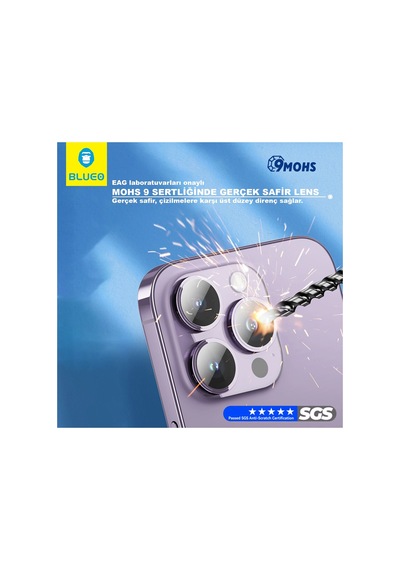 İphone 15 Pro / 15 Pro Max / 16 Pro / 16 Pro Max Uyumlu %99.99  Safir Kamera Lens Koruyucu - Mavi