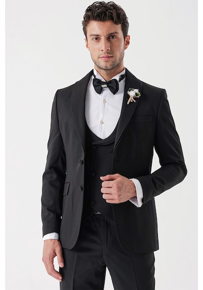 İmza Siyah Desenli Armürlü Çıkarılabilir Şal Yaka Kruvaze 6 Drop Slim Fit Smokin Damatlık Takım 1001230214-Siyah