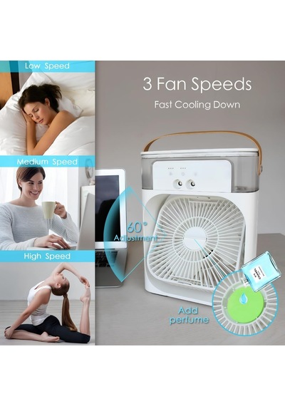 Masaüstü Taşınabilir Sulu Hava Soğutucu Fan - 600ml Su Depolu Mini Hava Klima, 3 Kademeli Hız, Renkli Led Gece Lambası, 60 Ayarlanabilir Açı, Usb İle Çalışan Sessiz Vantilatör & Nemlendirici
