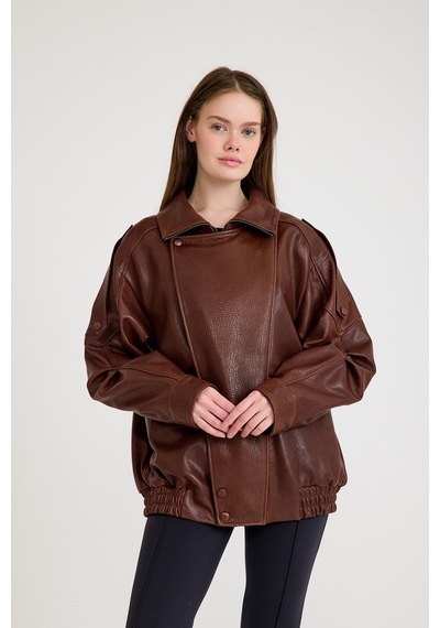 Oversize Bayan Deri Ceket Vb-21-bk-2847-24119 Fındık