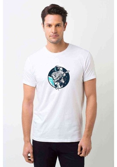 Astronaut Guitar Baskılı Beyaz Erkek Tshirt