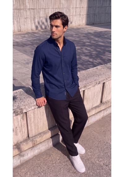 Butik İstanbul Erkek Standart Kesim Gabardin Kumaş Uzun Kollu Gömlek Lacivert