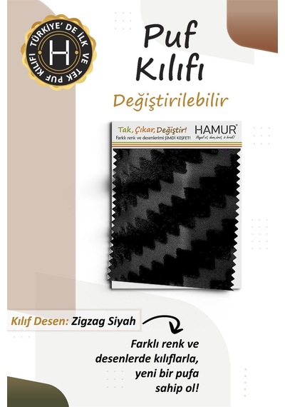 Yıkanabilir Puf Tabure Kılıfı Tak-Çıkar-Değiştir-Yenile Orta Sehpa Kılıfı By Zigzag Siyah