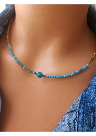 Doğaltaş Apatit Ve Hematit Taşı Minimal Kolye 3 Mm Mavi