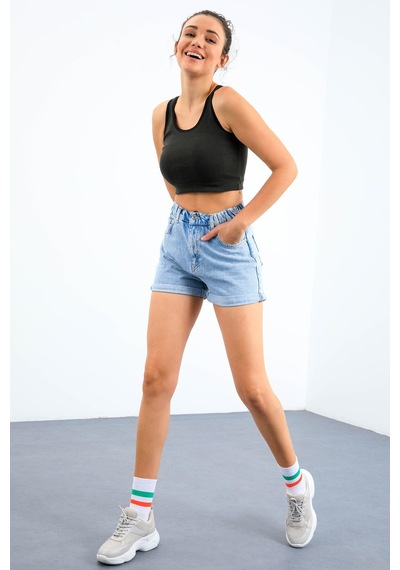 Tommy Life Haki Basic Sıfır Kol Dar Kalıp U Yaka Kadın Crop Top Atlet - 97162 Haki