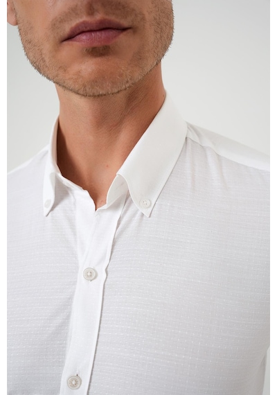 Efor Slim Fit Düğmeli Yaka Dokulu %100 Pamuk Klasik Beyaz 2 Gömlek Gk 726 Beyaz