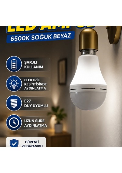 E27 Şarjlı Led Ampul 6500k Soğuk Beyaz Elektrik Kesintisinde Aydınlatma Diğer