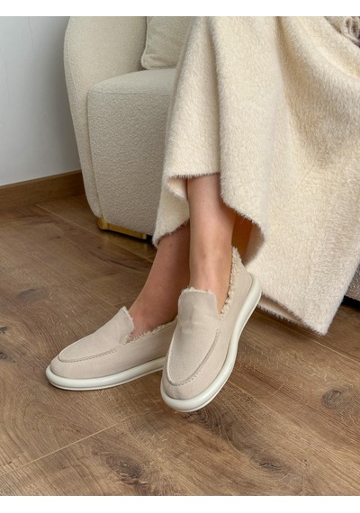 Ervanın Butiği Bej Süet Juno İci Peluş Kadın Loafer-5973