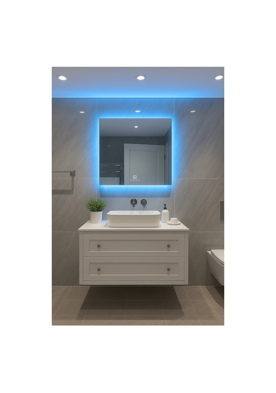 Digital Hayat Buğu Çözücü Dokunmatik Dimlenebilir Kare Ayna Mavi Işıklı Led Dekoratif Banyo Makyaj Aynası Mavi