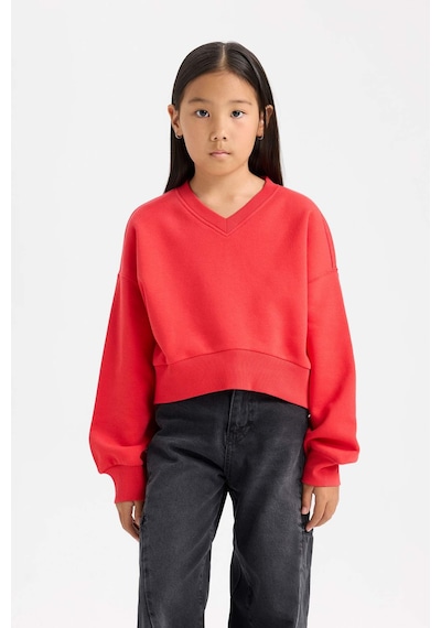 DeFacto Kız Çocuk Cropped Fit V Yaka Basic Düz Sweatshirt D7047A824WNRD348 Kırmızı DeFacto Kız Çocuk Cropped Fit V Yaka Basic Düz Sweatshirt D7047A824WNRD348 Kırmızı