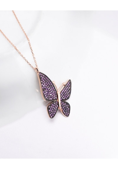 Brezza Lusso Jewelry Ametist Işıltılı Büyük Kelebek Kadın Gümüş Kolye 42 CM 42 CM