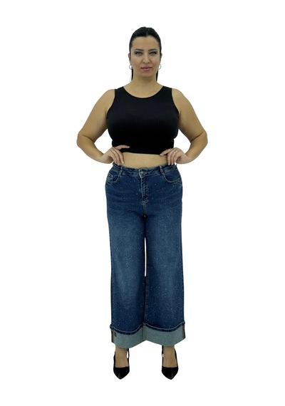 Büyük Beden Denim Toparlayıcı Yüksek Bel Taşlı Geniş Paça Kadın Pantolon Mavi