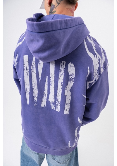 Respire Erkek War Baskılı Yıkamalı Kapüşonlu Oversize Hoodie Mor