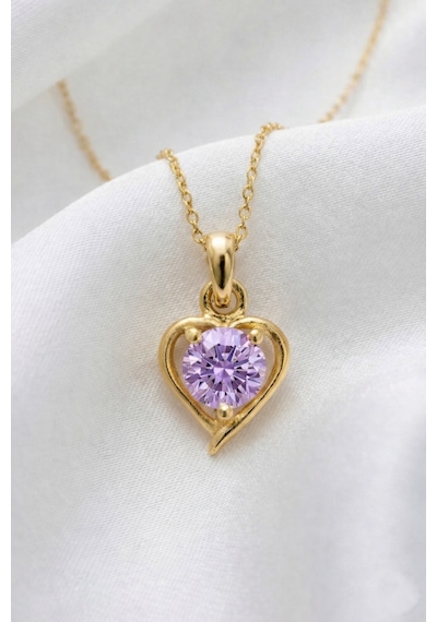 Çekirdekjewelry 925 Ayar Gümüş Altın Kaplama Kalp Modeli Kolye Sarı Lila
