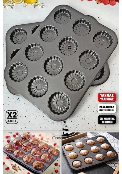 2 Adet 12li Cupcake Muffin Kalıbı Gül Kabartmalı Yanmaz Yapışmaz Fırın Kek Kapsülü Çelik Siyah