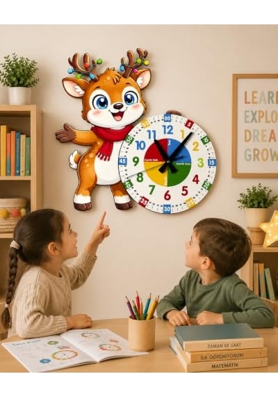 Sevimli Geyik Montessori Çocuk Odası Eğitici Ahşap Duvar Saati - Sessiz Mekanizma, Şık Tasarım Saat
