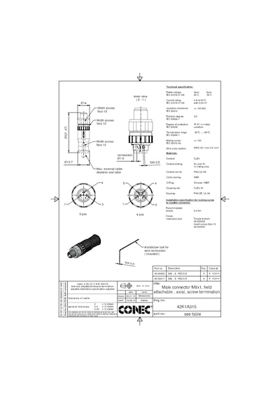 M8 4 Pin Erkek Düz Konnektör Conec 42-00011