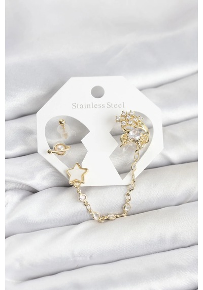 Pirinç Gold Renk Yıldız Model Zincir Bağlantılı Ear Cuff Küpe Seti Diğer