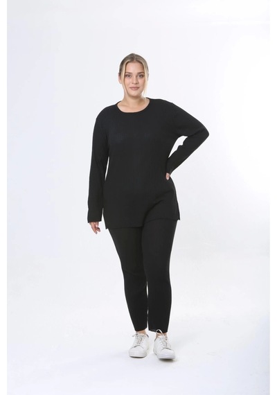 Modasehle Büyük Beden Uzun Kollu Yüksek Bel Beli Lastikli Yırtmaçlı Pijama Takım Siyah Uzunkol