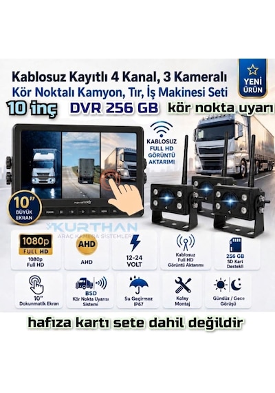 10 İnç Dvr Dokunmatik 3 Adet Kablosuz Kamera Ahd 1080p Monitör Bsd Kör Nokta Sistemli 12 24 V