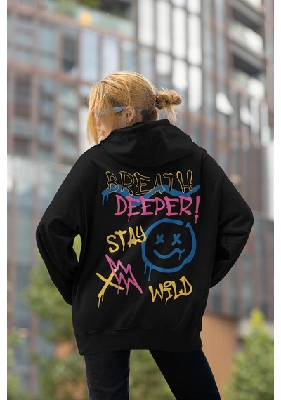 Breath Deeper Yazılı Unisex Oversize Tasarım Hoodie Siyah