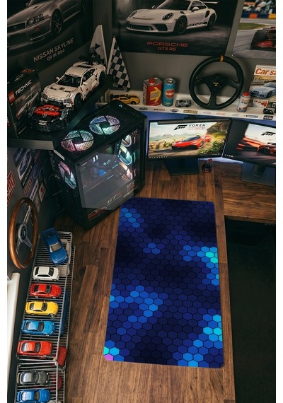 Hex Işık Gaming Mousepad Xxl 90x40 Cm Kaymaz Taban Dikişli Kenar Mavi Neon Oyuncu Masa Pedi