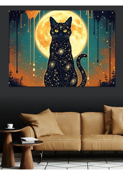 Ahşap Tablo Ay Işığında Yıldızlı Siyah Kedi Çocuk Odası Tabloları