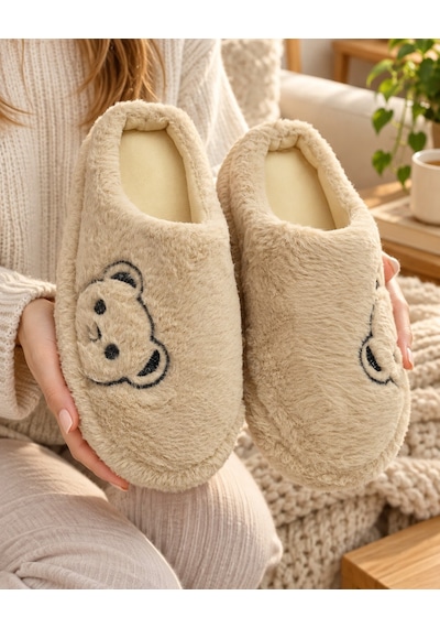 Modafrato Fluffy Ayıcık Desenli Kadın Ev Terliği Kışlık Yünlü Terlik Ses Yapmayan İçi Yünlü Günlük Rahat Terlik Bej Modafrato Fluffy Ayıcık Desenli Kadın Ev Terliği Kışlık Yünlü Terlik Ses Yapmayan İçi Yünlü Günlük Rahat Terlik Bej