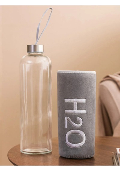 H2o Peluş Kılıflı Cam Matara 600 Ml Gri