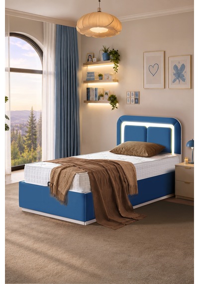 Demonte Baza Seti, Nox Ledli Tek Kişilik Baza Başlık Seti - İkili Set, Mavi - 100x200 Cm 100 x 200