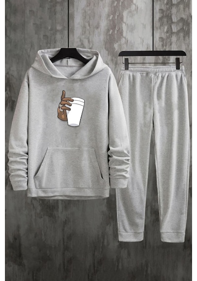 Uyguntarz Unisex Tupac Coffee Baskılı Eşofman Takımı Gri