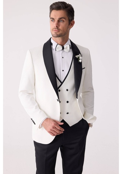 Ysf Erkek Krem Slim Fit Şal Yaka Damatlık