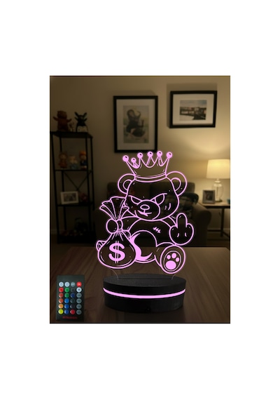 Asi Kral Ayıcık 3d Led Gece Lambası Rgb Kumandalı Para Çantalı Dekoratif Masa Lambası Çok Renkli