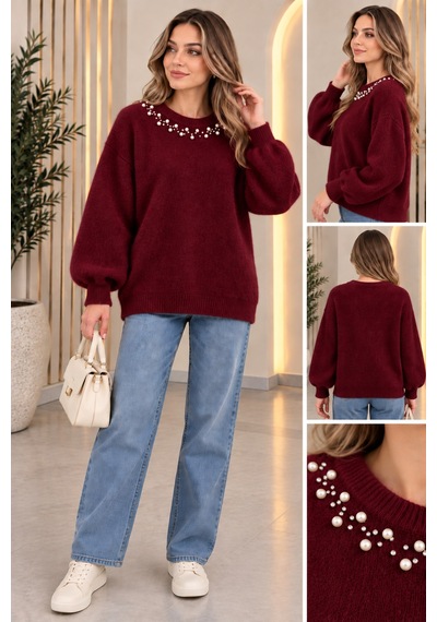 Aymiraa Kadın İnci Detaylı Angora Triko Kazak Bordo Bordo